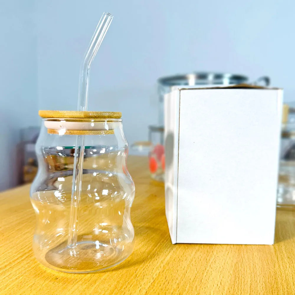 Wavy Glass Cup with Bamboo Lid & Straw