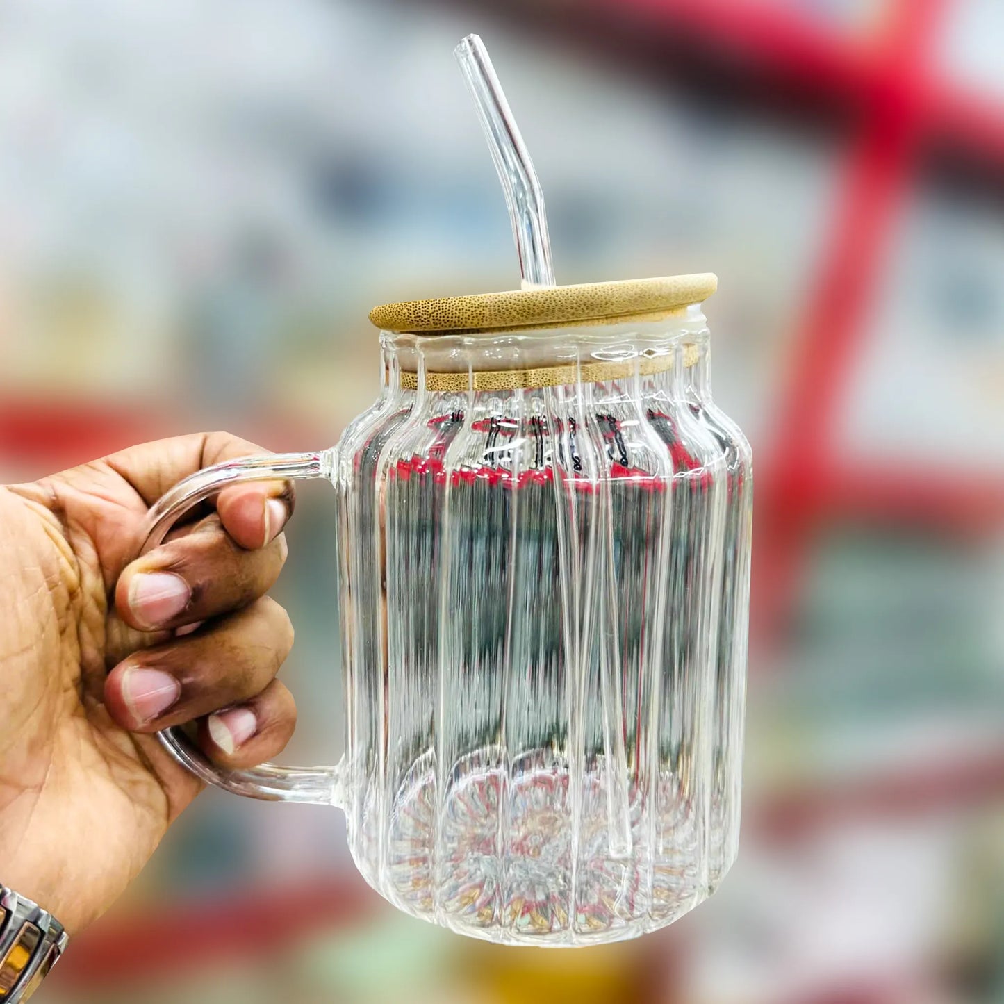 Premium 5 Inch Glass Juice Sipper Mug with Straw