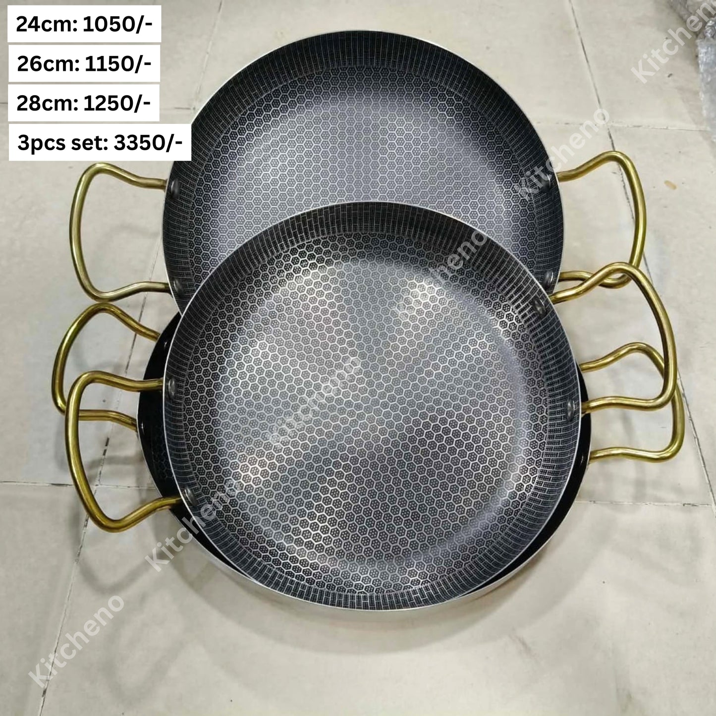 Honeycomb Textured Stainless Steel Pan with Double Gold Finish Handle