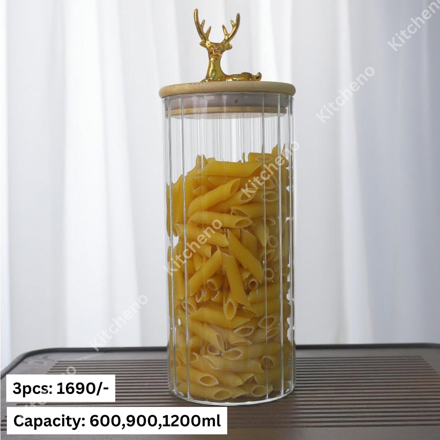 Tempered Striped Imported Kitchenware Spice & Storage Glass Jar Set with Airtight Bamboo Lid