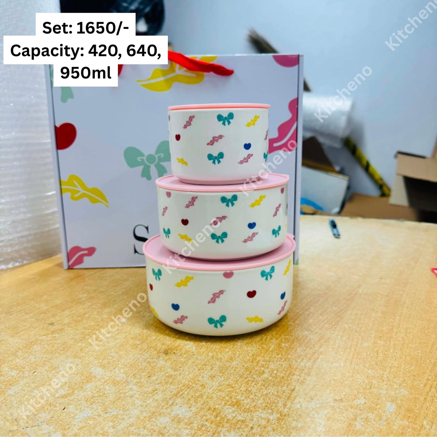 Imported High Quality Ceramic 3 Pcs Deep Bowl Set with Plastic Lid