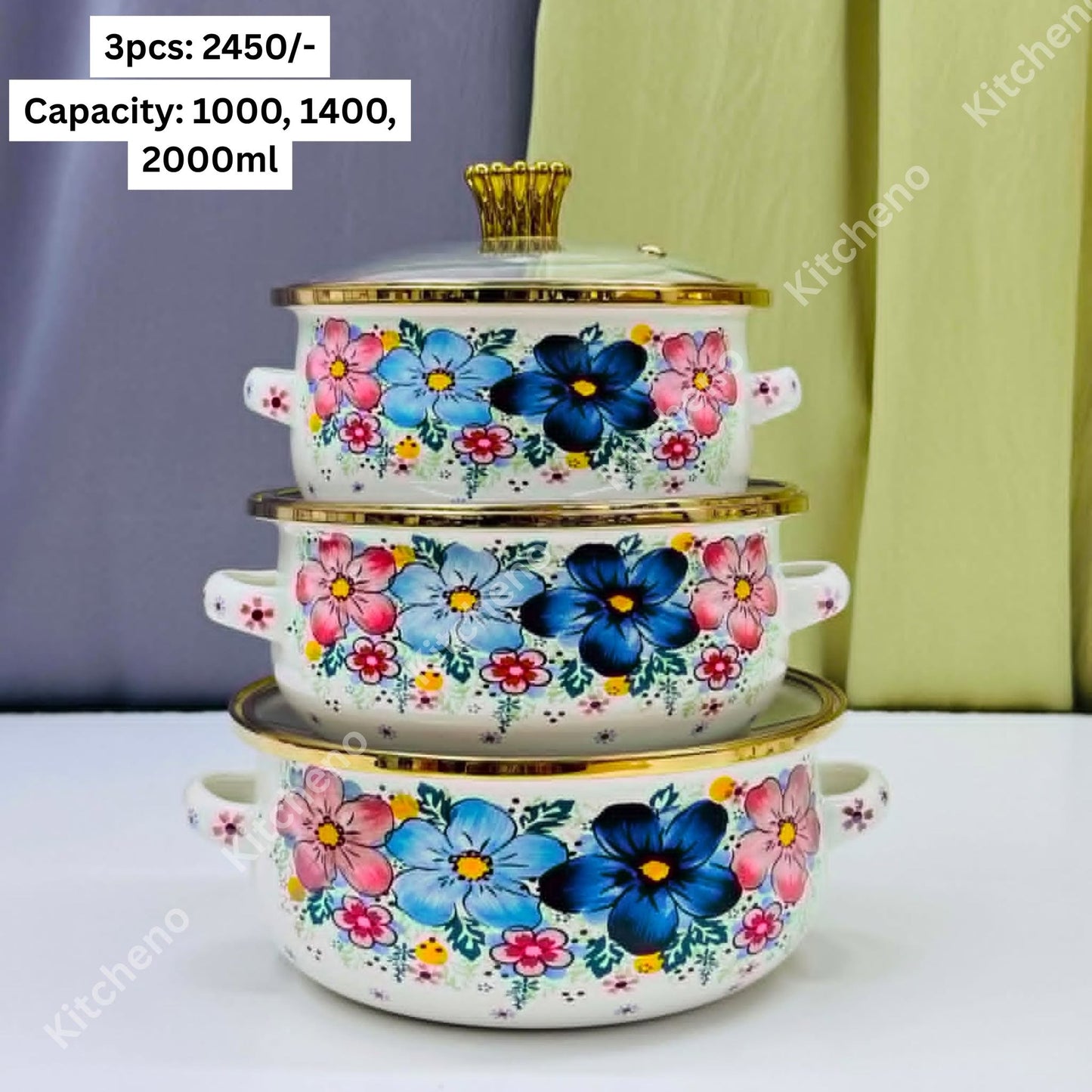 Enamel Floral Printed Imported 3 Pcs Casserole Pot Set with Glass Lid