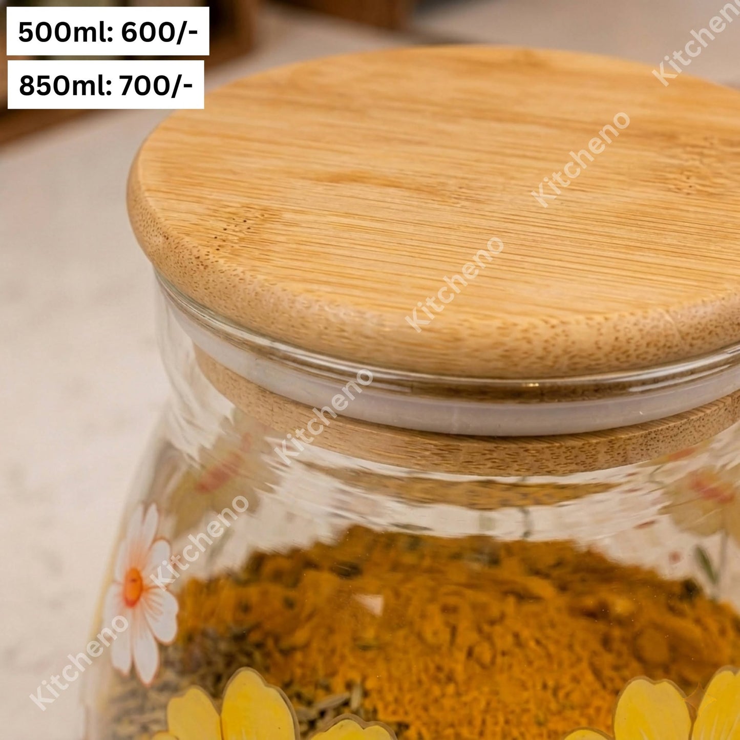 Flower Paint Glass Storage Jar with Wooden Lid