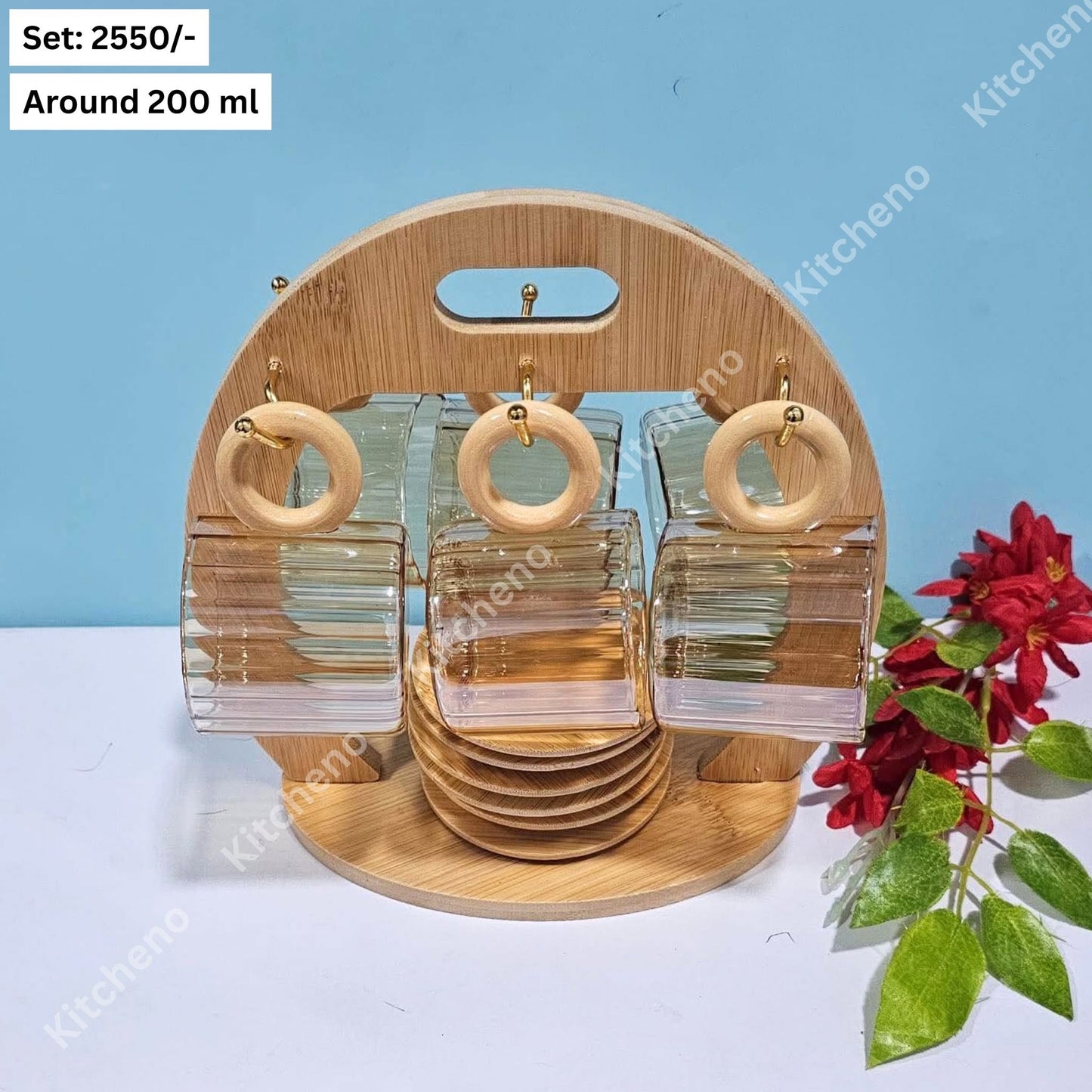 Elegant Tea & Coffee Cup Set with Bamboo Stand