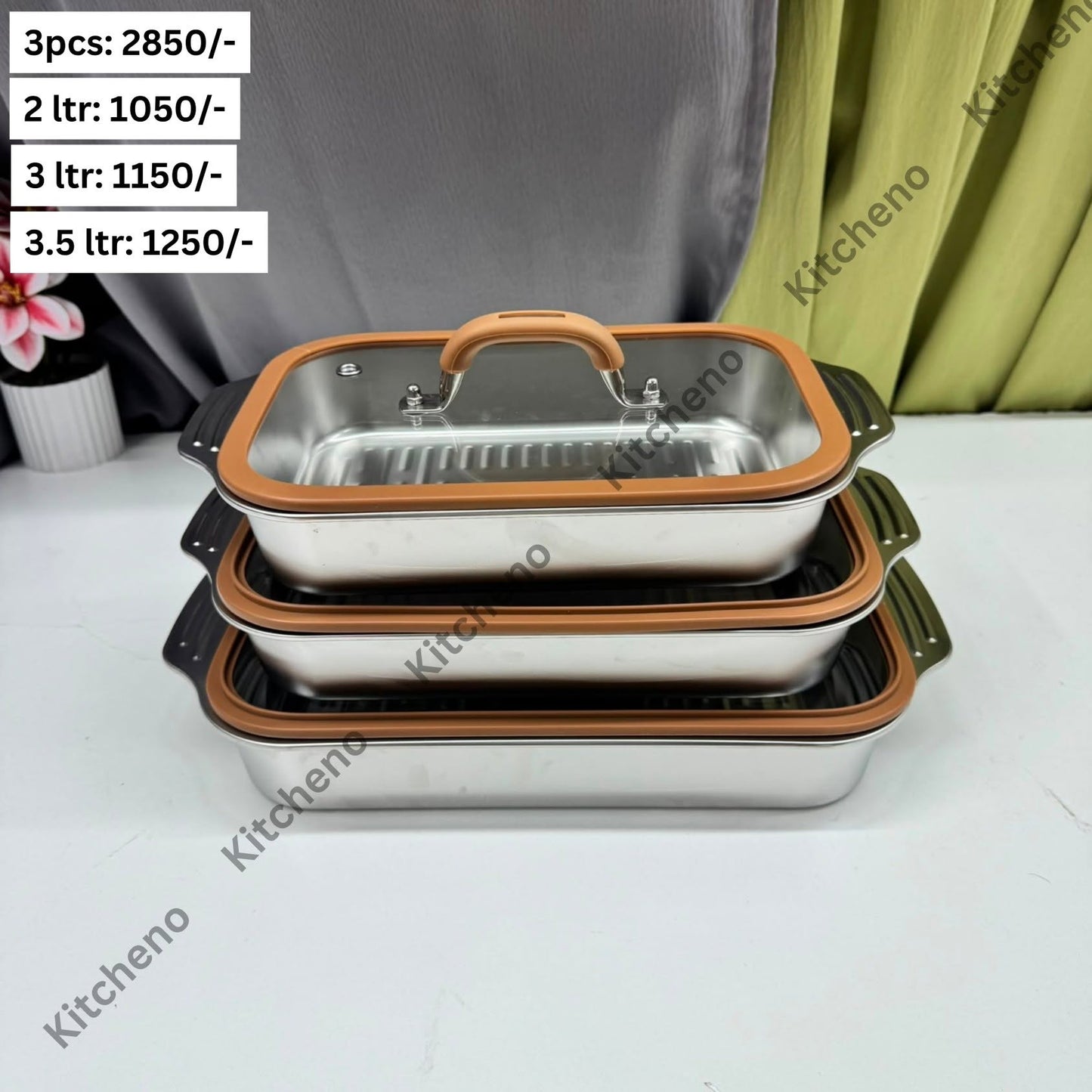 Premium 3-Piece Stainless Steel Oven-to-Table Serving Set with Tempered Glass Lids
