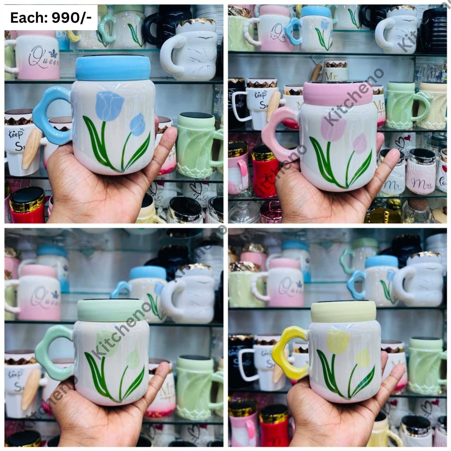 Floral Tulip Ceramic Travel Mug with Sealing Glass Lid
