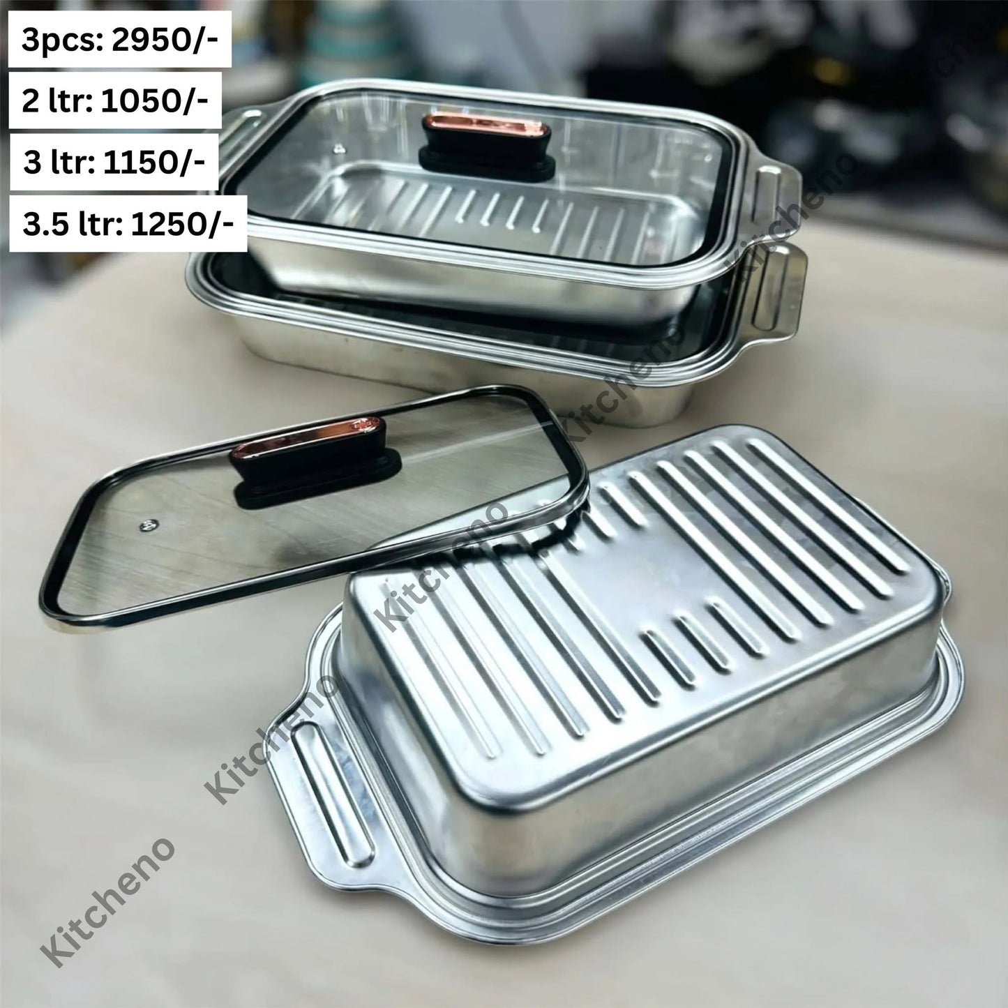 Ovenproof Stainless Steel Serving Dish Set with Tempered Glass Lids