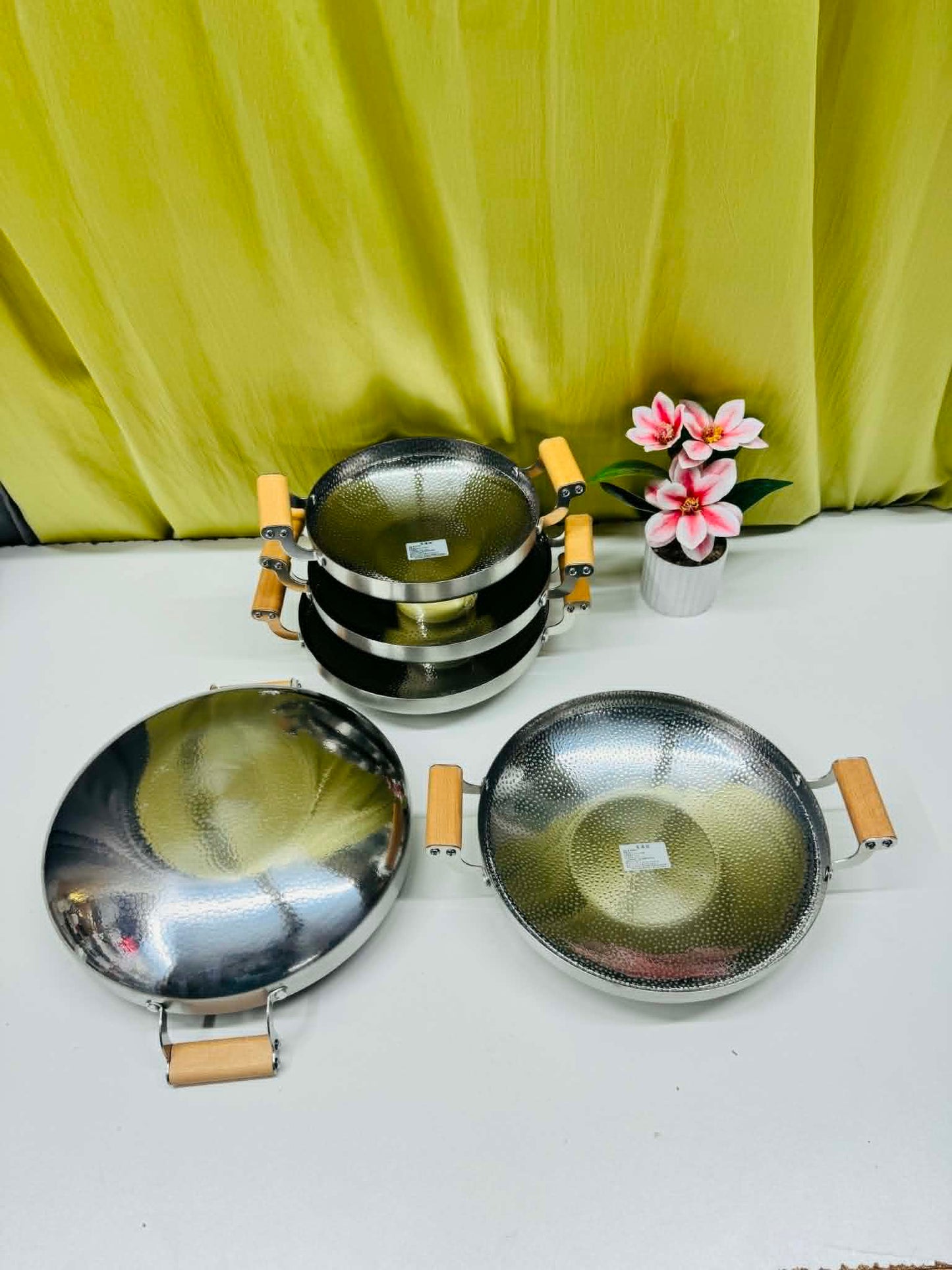 Stainless Steel Hammered Design with Wooden Handle Kadai - Korai