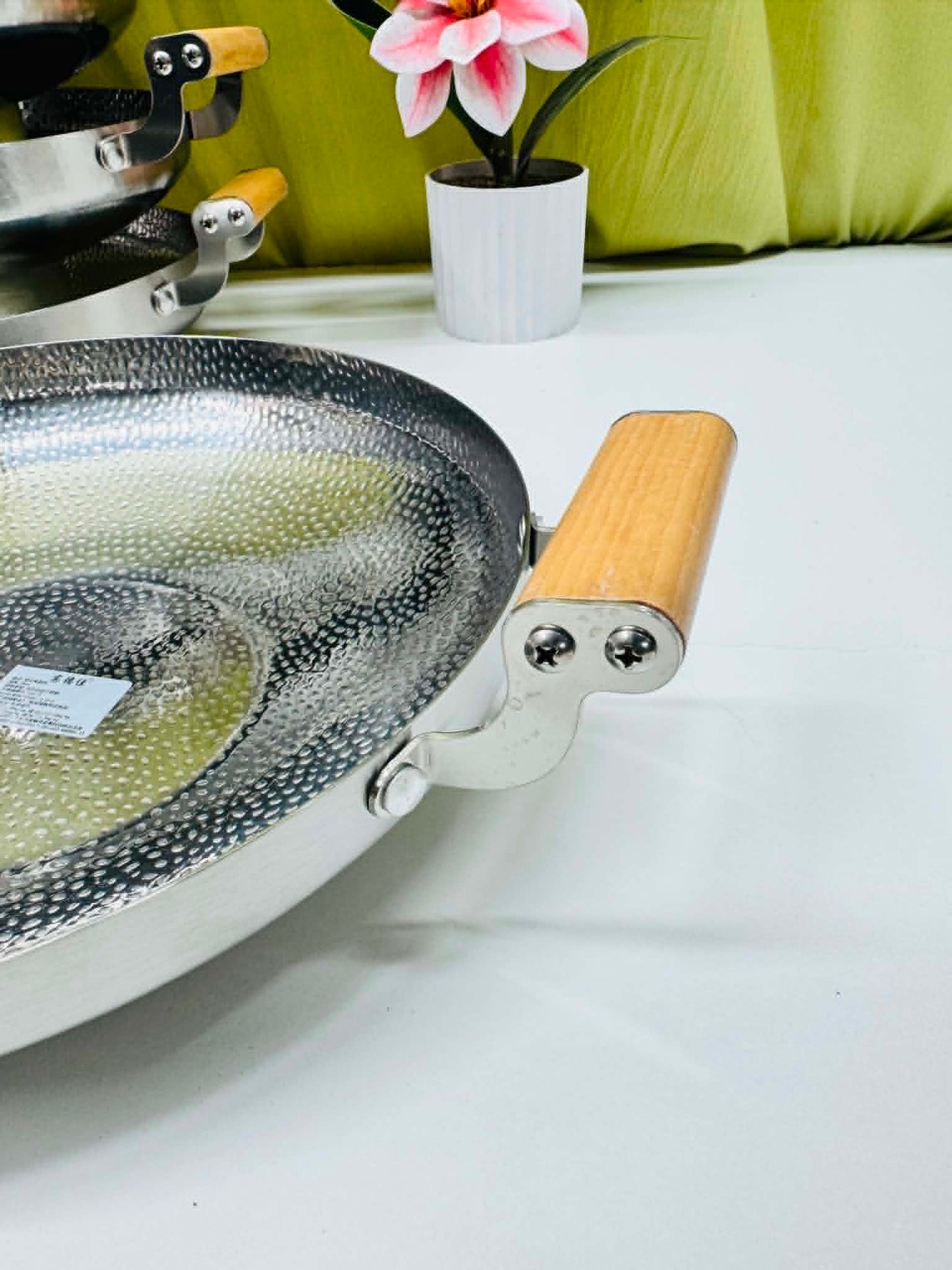 Stainless Steel Hammered Design with Wooden Handle Kadai - Korai
