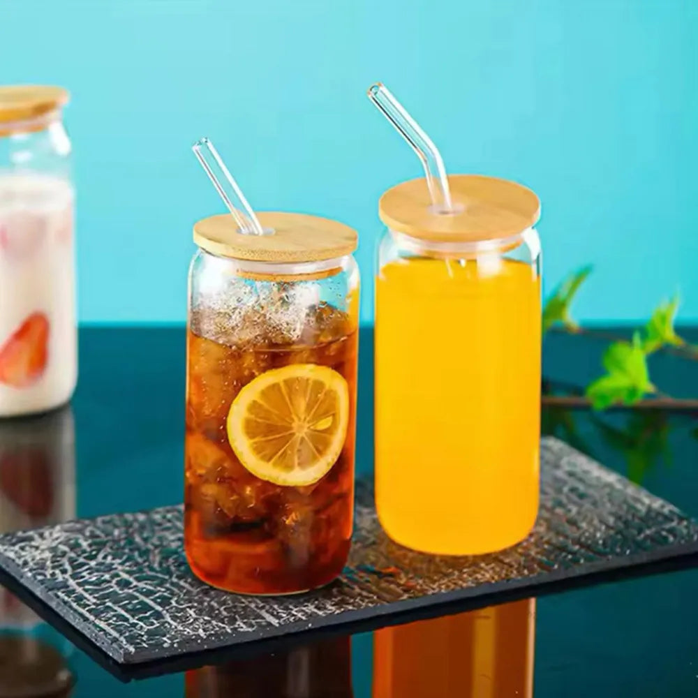 Can Shape Drink Pot with Bamboo Lid & Glass Straw