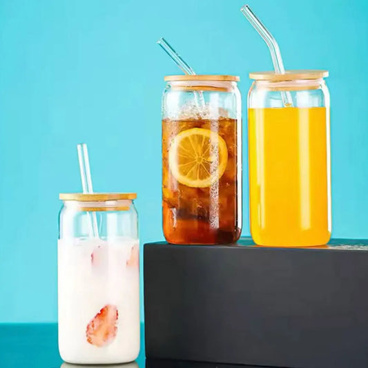 Can Shape Drink Pot with Bamboo Lid & Glass Straw