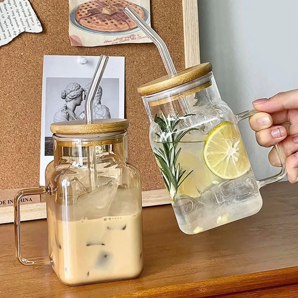 Transparent Square Glass Drink Pot with Bamboo Lid & Straw