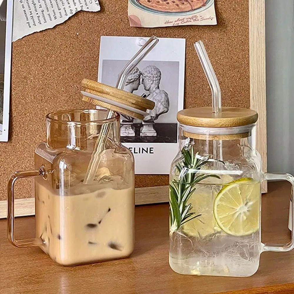 Transparent Square Glass Drink Pot with Bamboo Lid & Straw