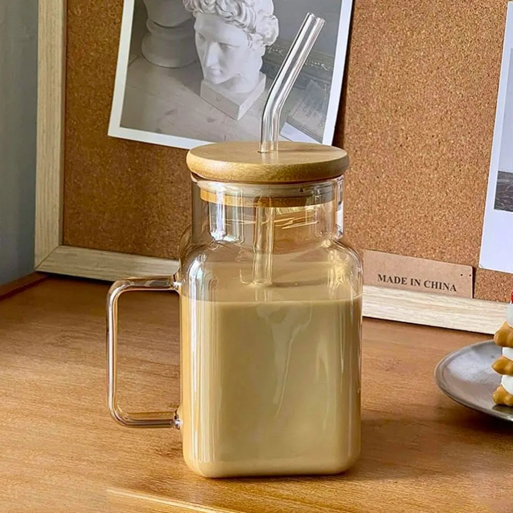 Transparent Square Glass Drink Pot with Bamboo Lid & Straw