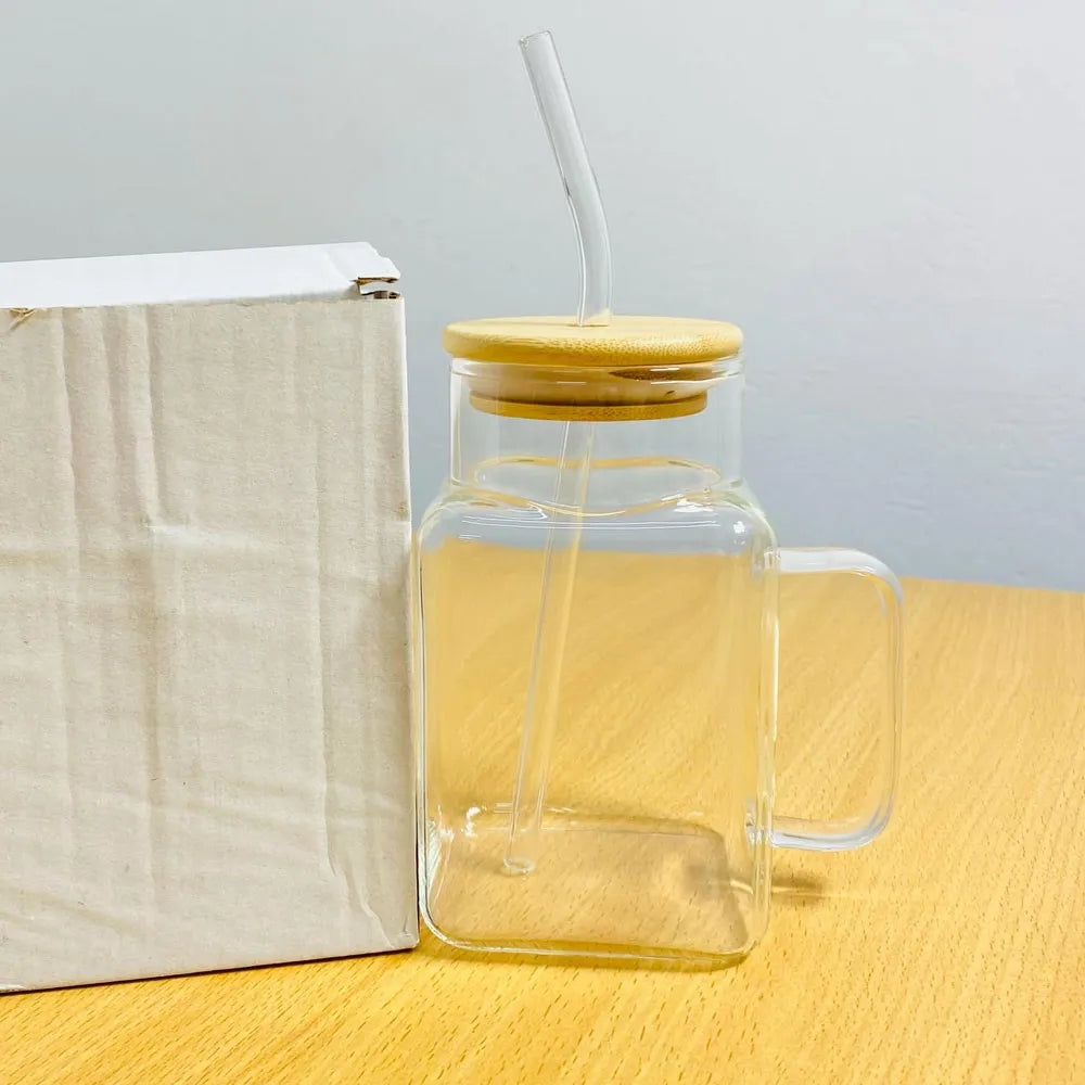 Transparent Square Glass Drink Pot with Bamboo Lid & Straw