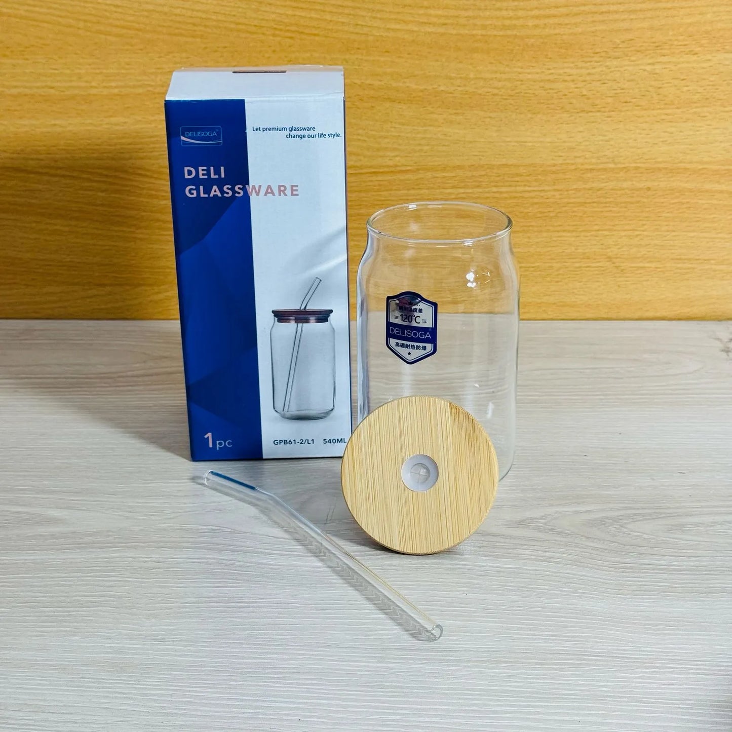 Can Shape Drink Pot with Bamboo Lid & Glass Straw
