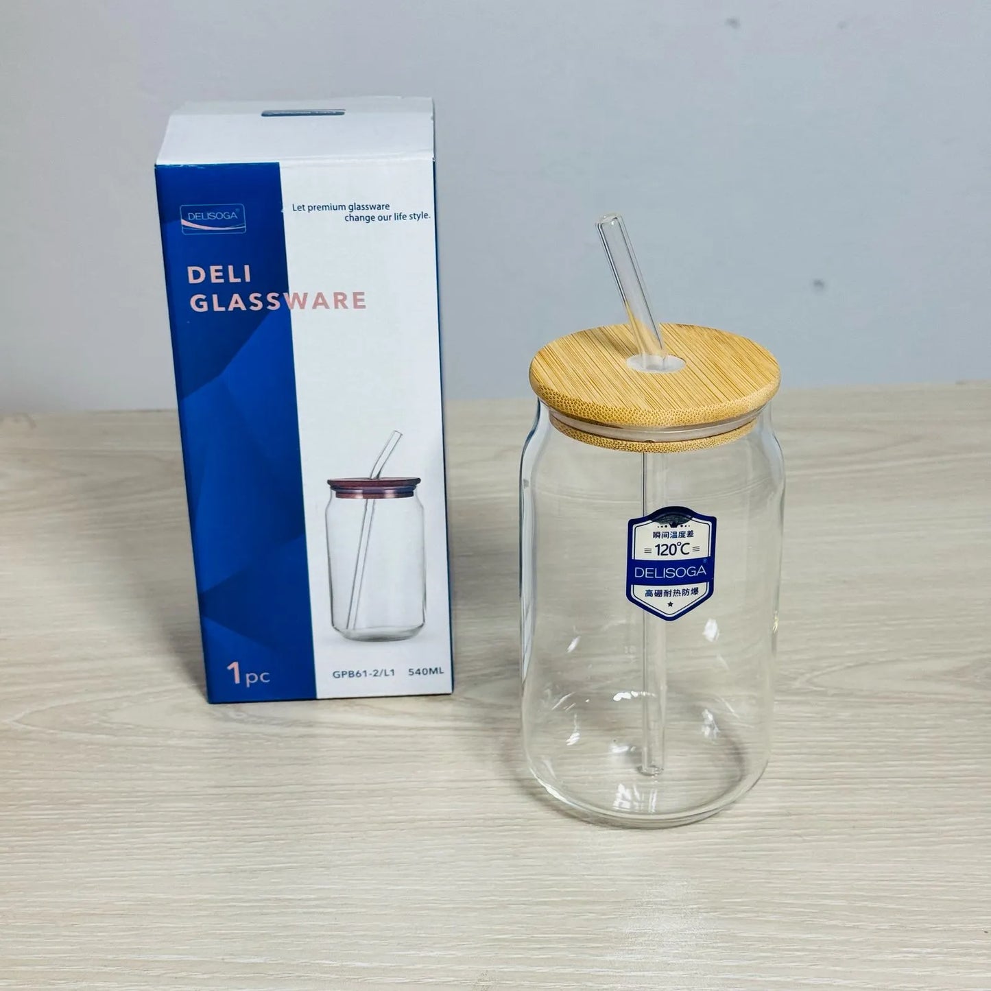 Can Shape Drink Pot with Bamboo Lid & Glass Straw