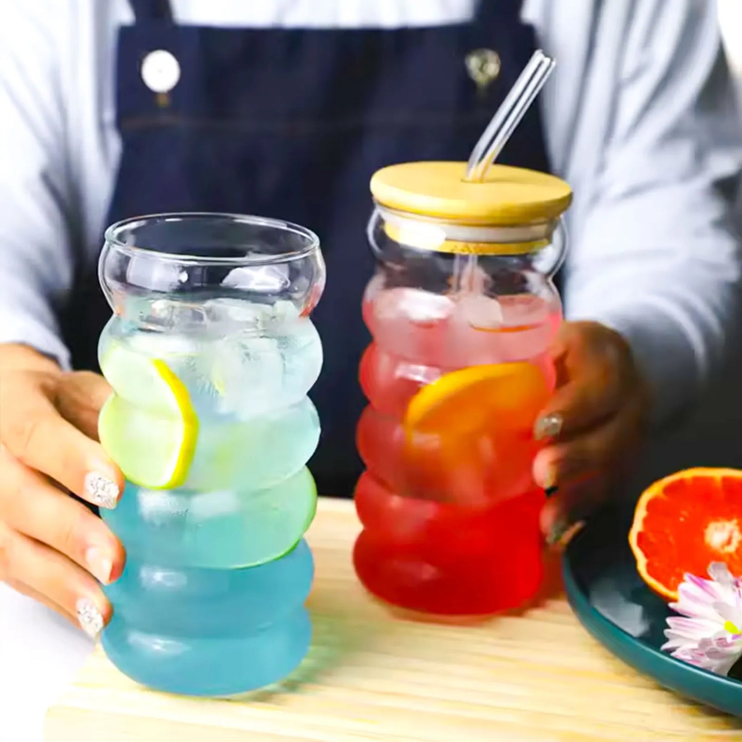Ripple Glass Drink Pot with Bamboo Lid