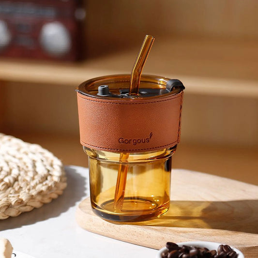 Golden Color Glass Juice Pot with Glass Straw