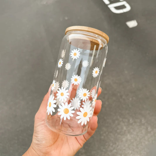 Floral Can Shape Glass Juice Pot with Lid & Straw