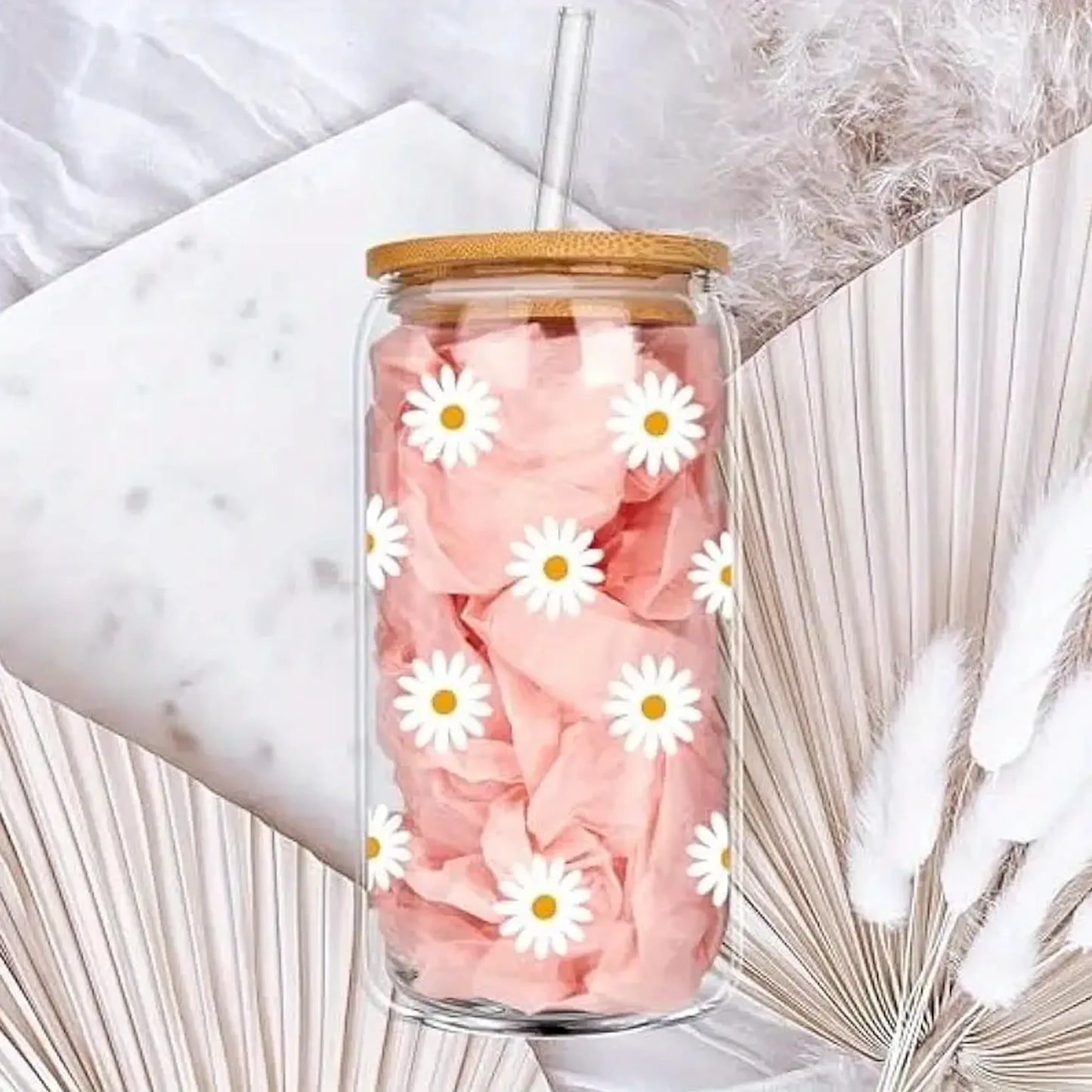 Floral Can Shape Glass Juice Pot with Lid & Straw
