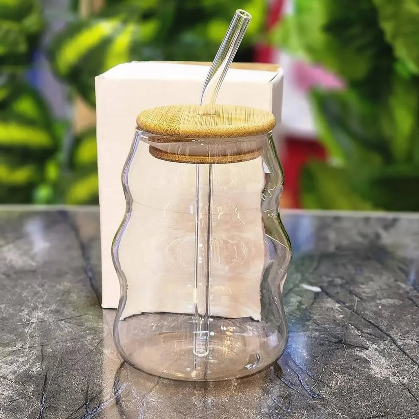 Glass Juice Pot with Wooden Lid & Straw