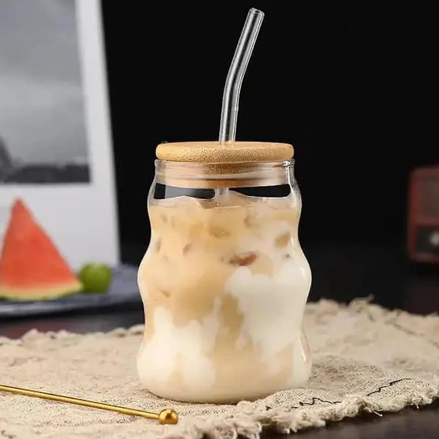 Glass Juice Pot with Wooden Lid & Straw