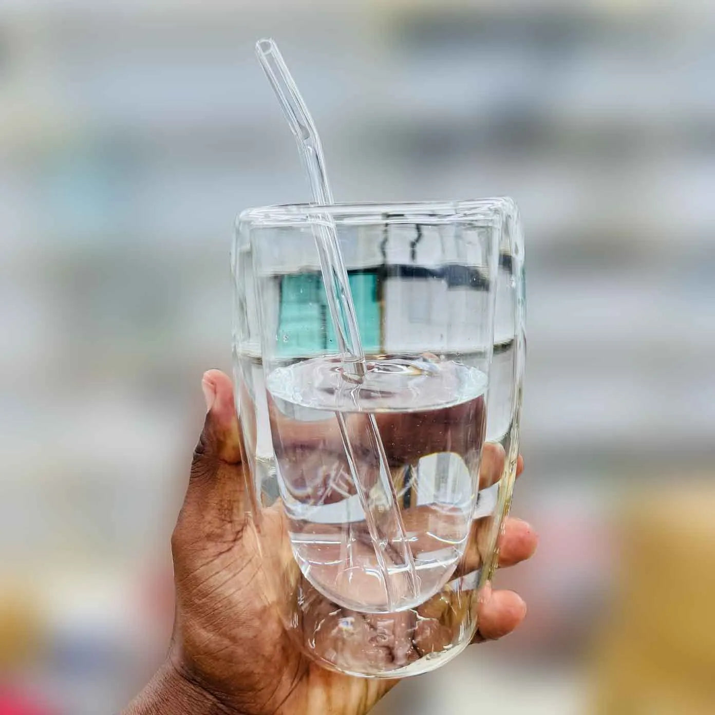 Crystal Clear 400 ml Double Layer Beverage Glass with Straw