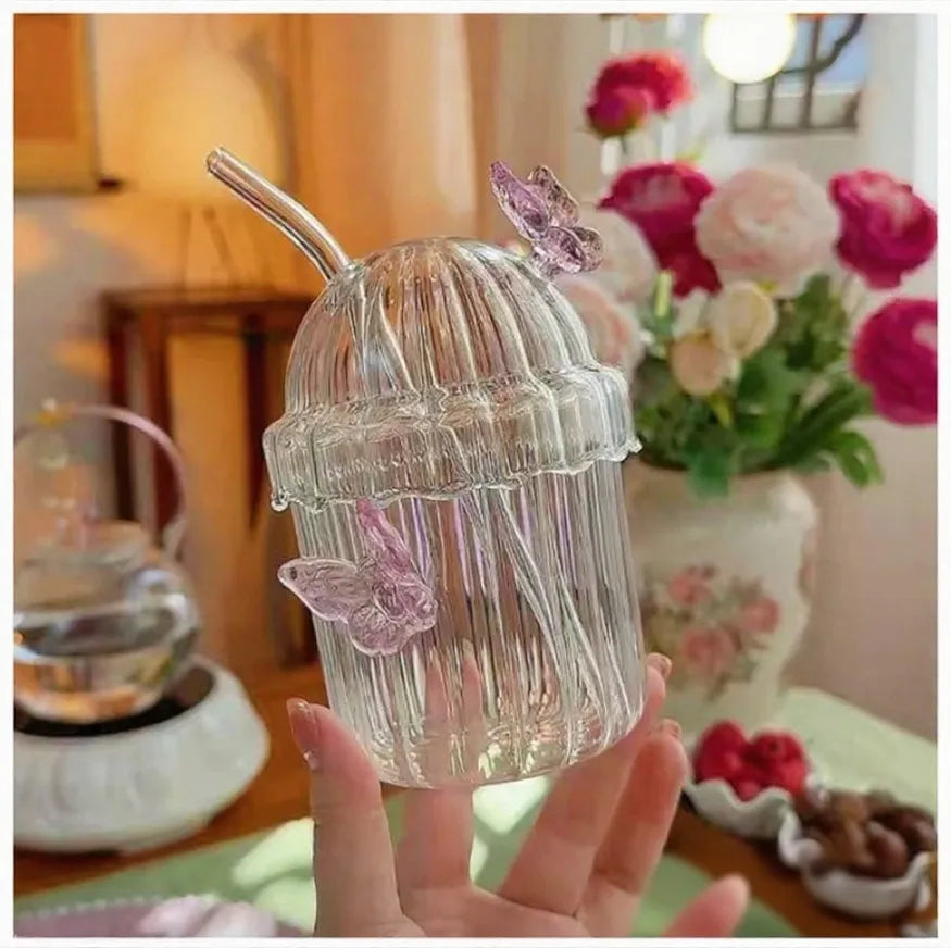 Butterfly Icons Striped Borosilicate Glass Cup With Lid & Straw