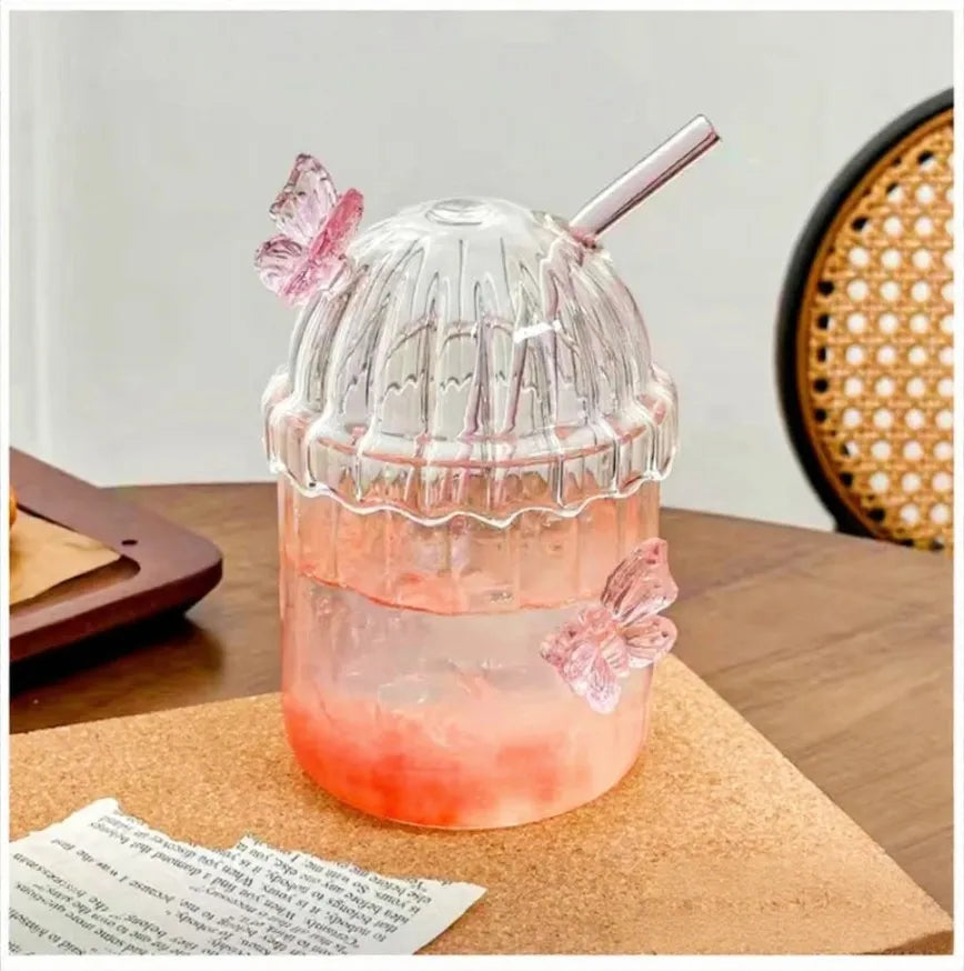 Butterfly Icons Striped Borosilicate Glass Cup With Lid & Straw