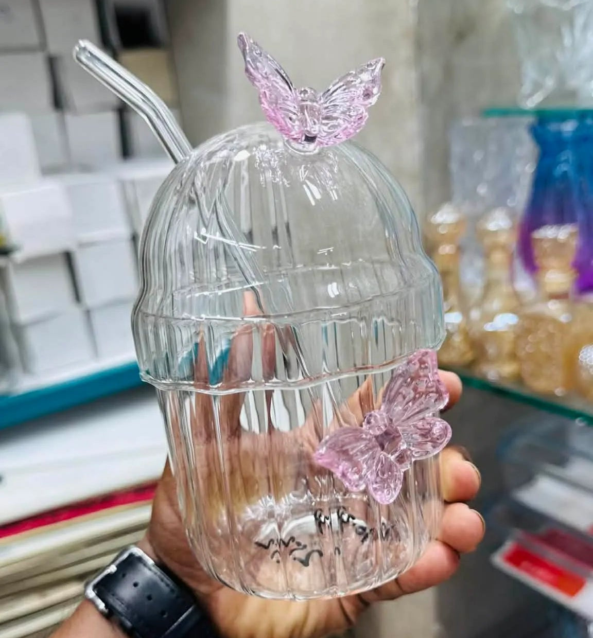 Butterfly Icons Striped Borosilicate Glass Cup With Lid & Straw