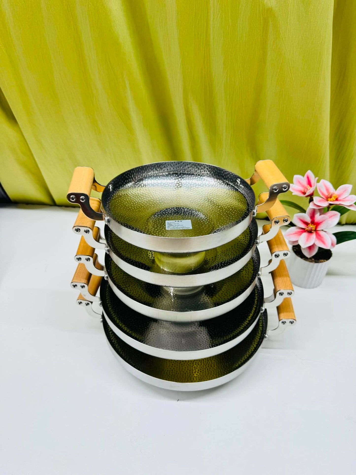 Stainless Steel Hammered Design with Wooden Handle Kadai - Korai