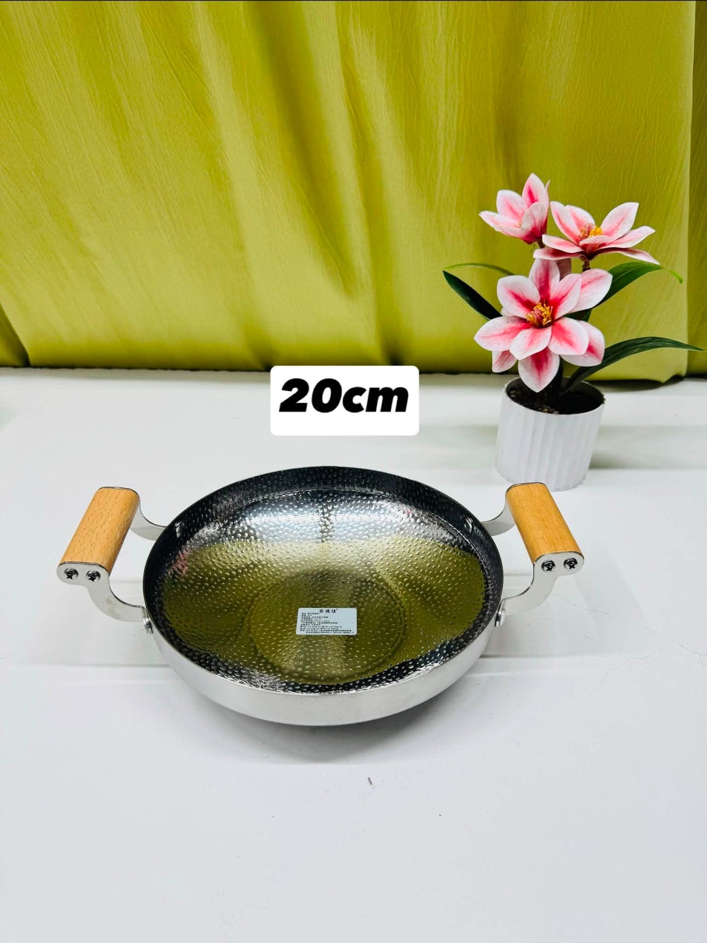 Stainless Steel Hammered Design with Wooden Handle Kadai - Korai