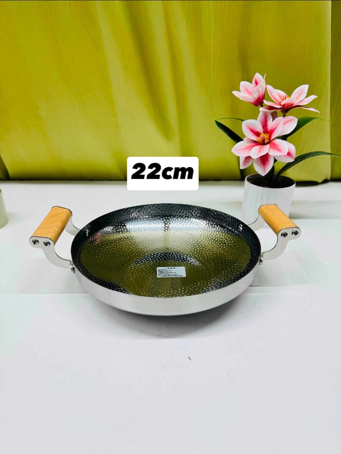 Stainless Steel Hammered Design with Wooden Handle Kadai - Korai