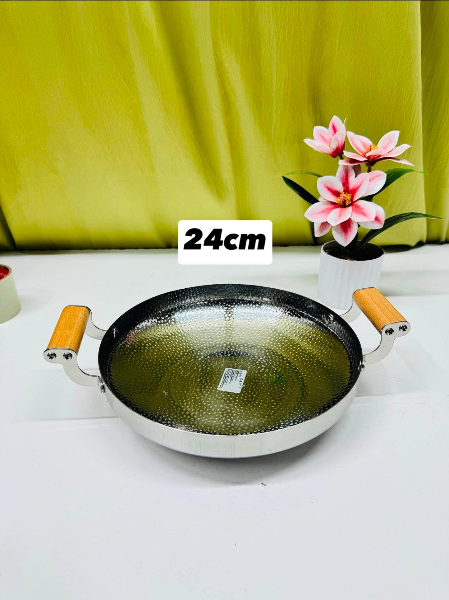 Stainless Steel Hammered Design with Wooden Handle Kadai - Korai