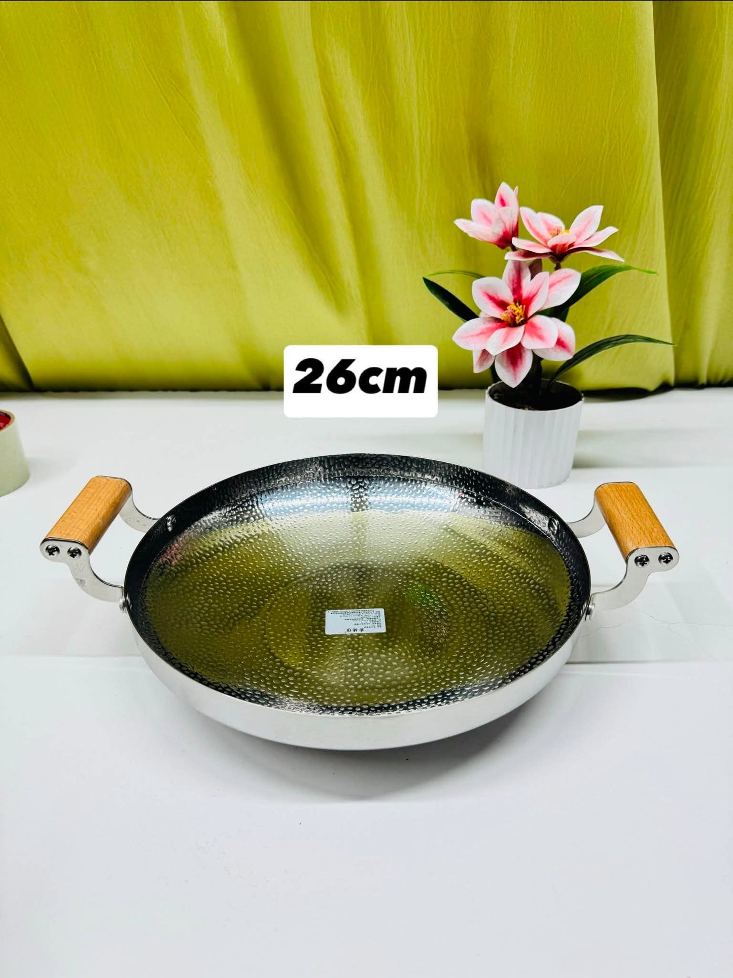Stainless Steel Hammered Design with Wooden Handle Kadai - Korai