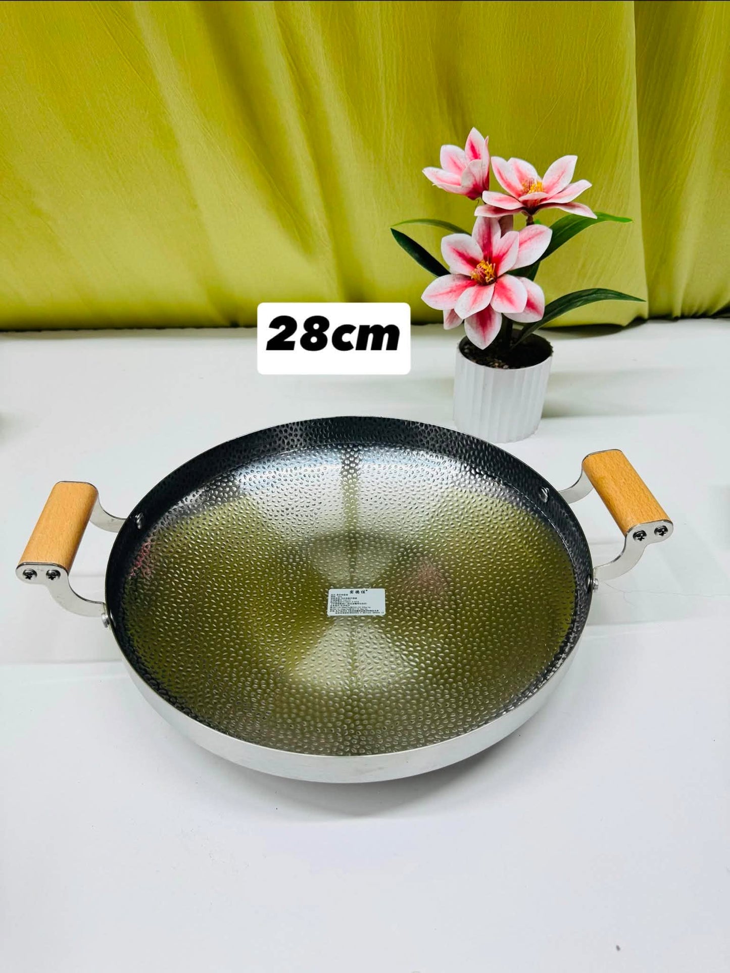 Stainless Steel Hammered Design with Wooden Handle Kadai - Korai