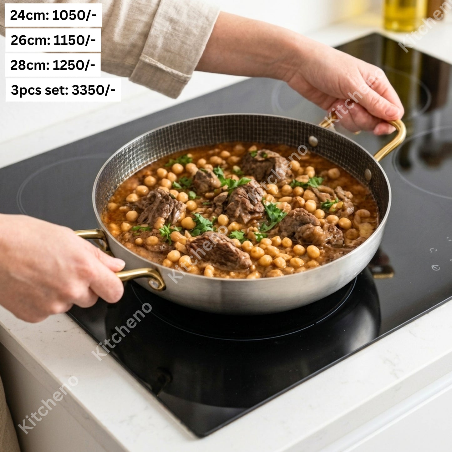 Honeycomb Textured Stainless Steel Pan with Double Gold Finish Handle