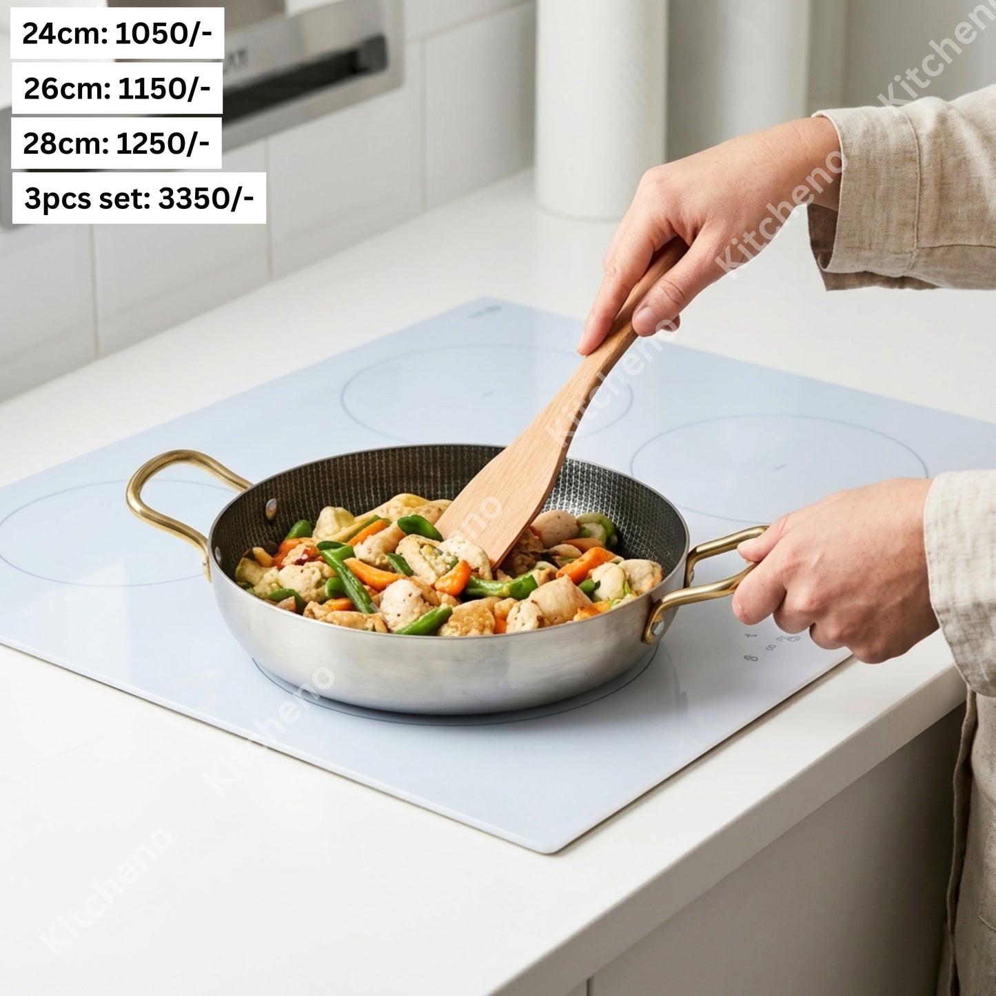 Honeycomb Textured Stainless Steel Pan with Double Gold Finish Handle
