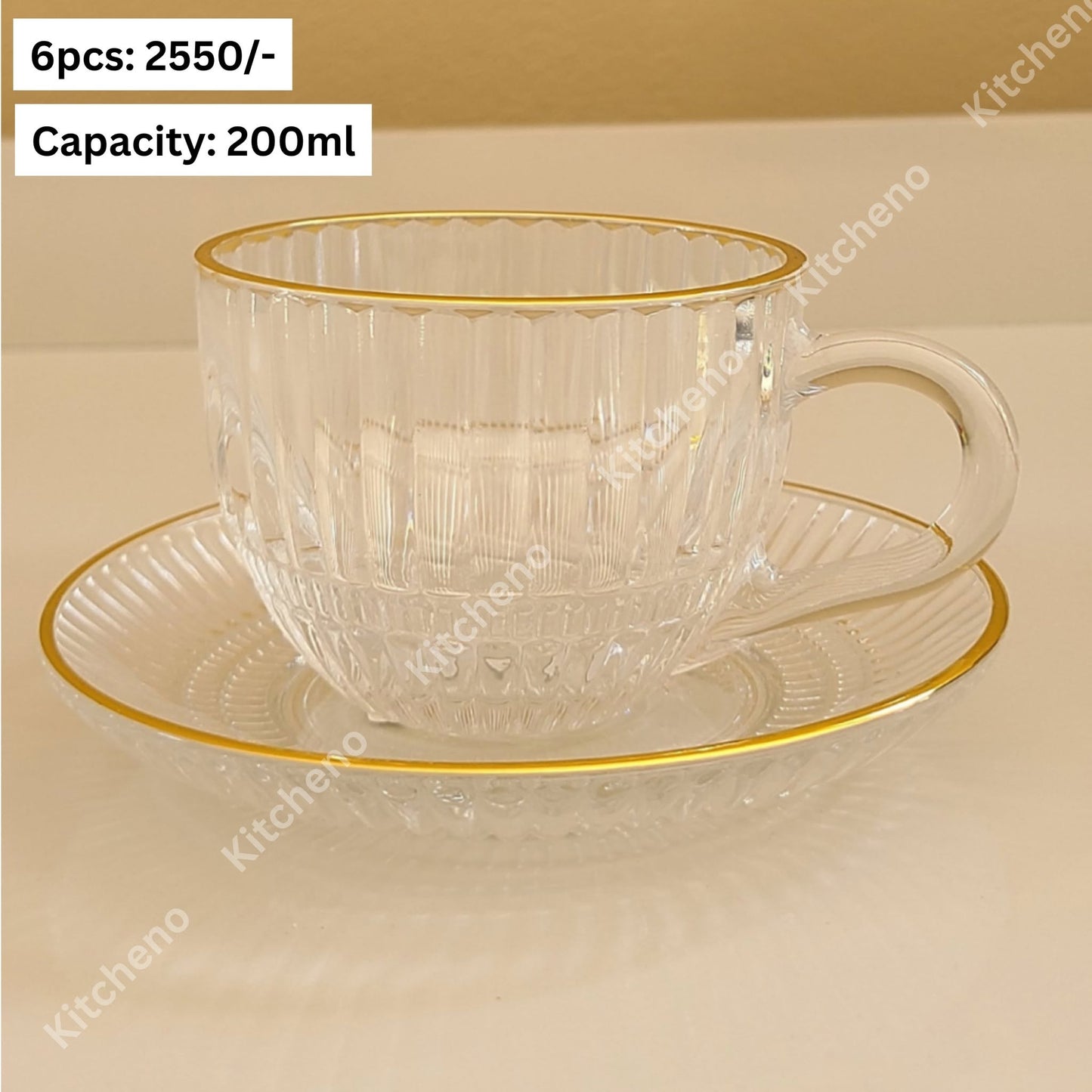 Striped Premium Quality 6 Pcs Imported Clear Transparent Tea Cup Set with Saucer & Golden Rim