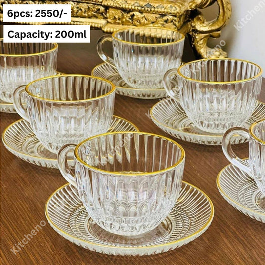 Striped Premium Quality 6 Pcs Imported Clear Transparent Tea Cup Set with Saucer & Golden Rim