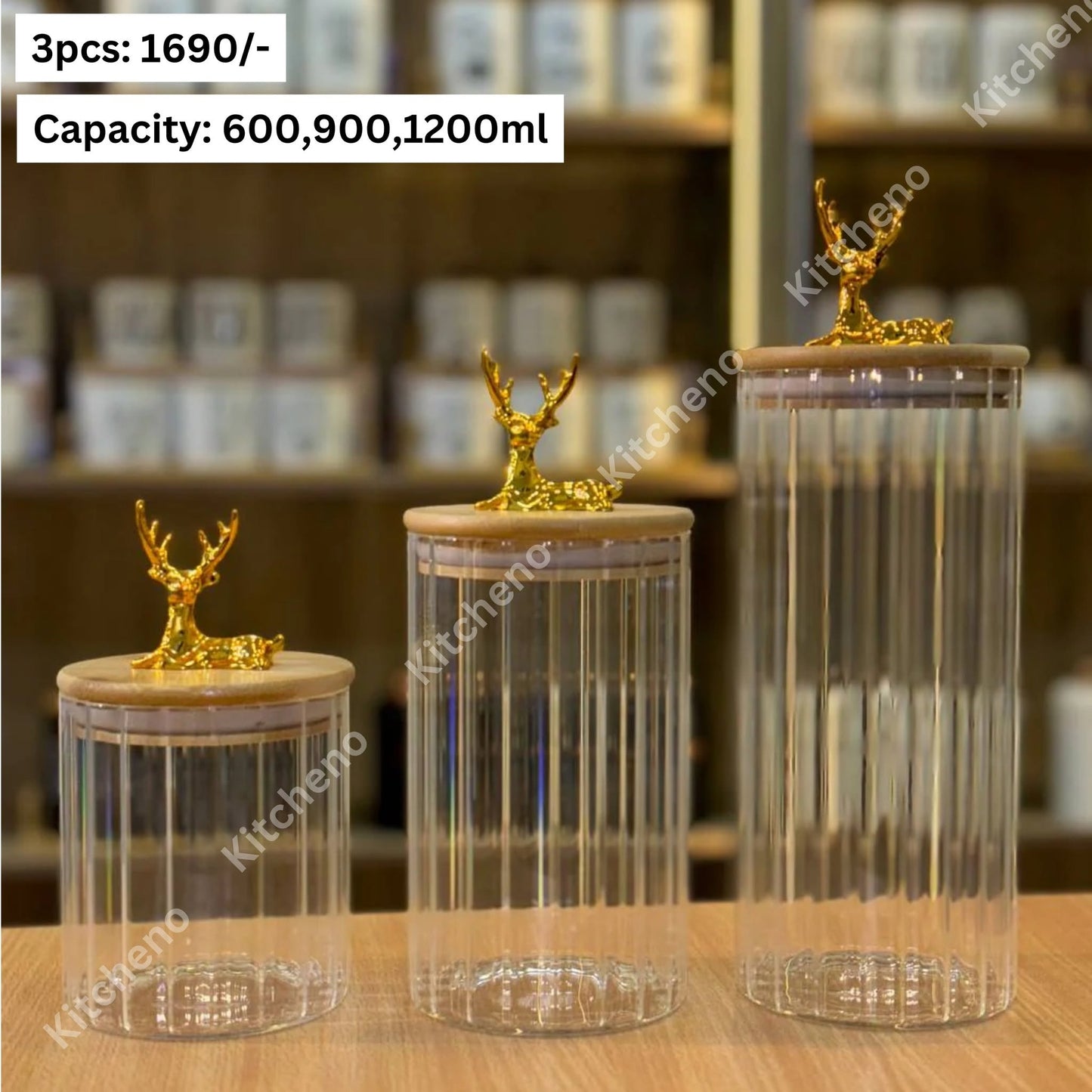 Tempered Striped Imported Kitchenware Spice & Storage Glass Jar Set with Airtight Bamboo Lid