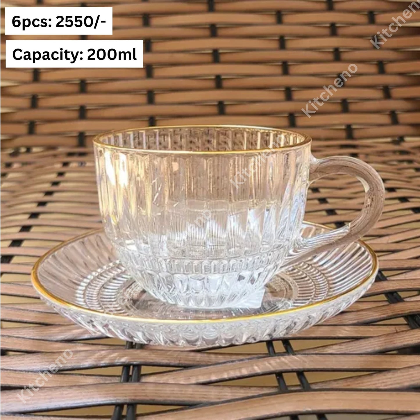 Striped Premium Quality 6 Pcs Imported Clear Transparent Tea Cup Set with Saucer & Golden Rim