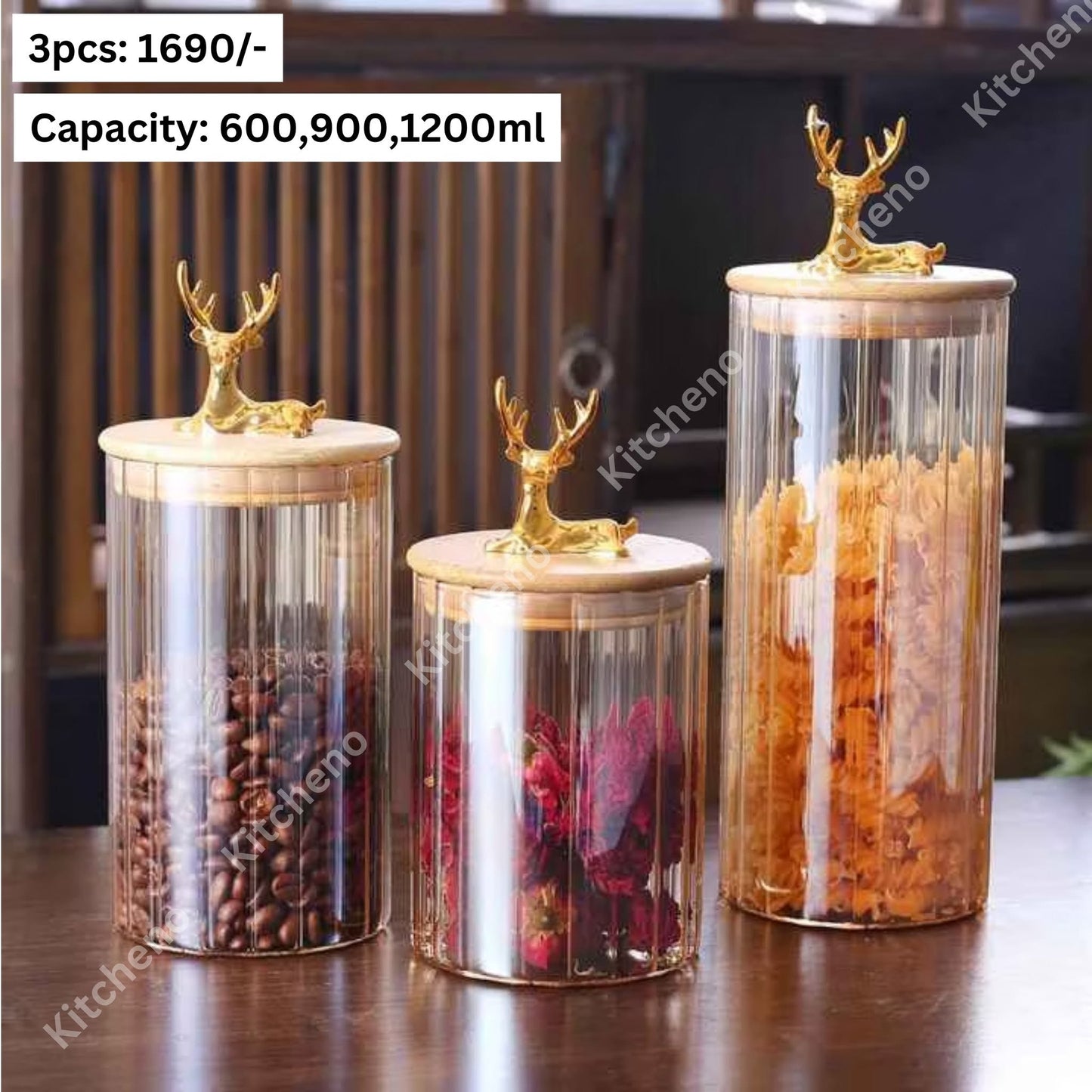 Tempered Striped Imported Kitchenware Spice & Storage Glass Jar Set with Airtight Bamboo Lid