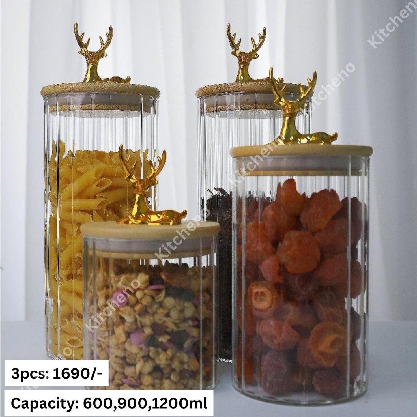 Tempered Striped Imported Kitchenware Spice & Storage Glass Jar Set with Airtight Bamboo Lid