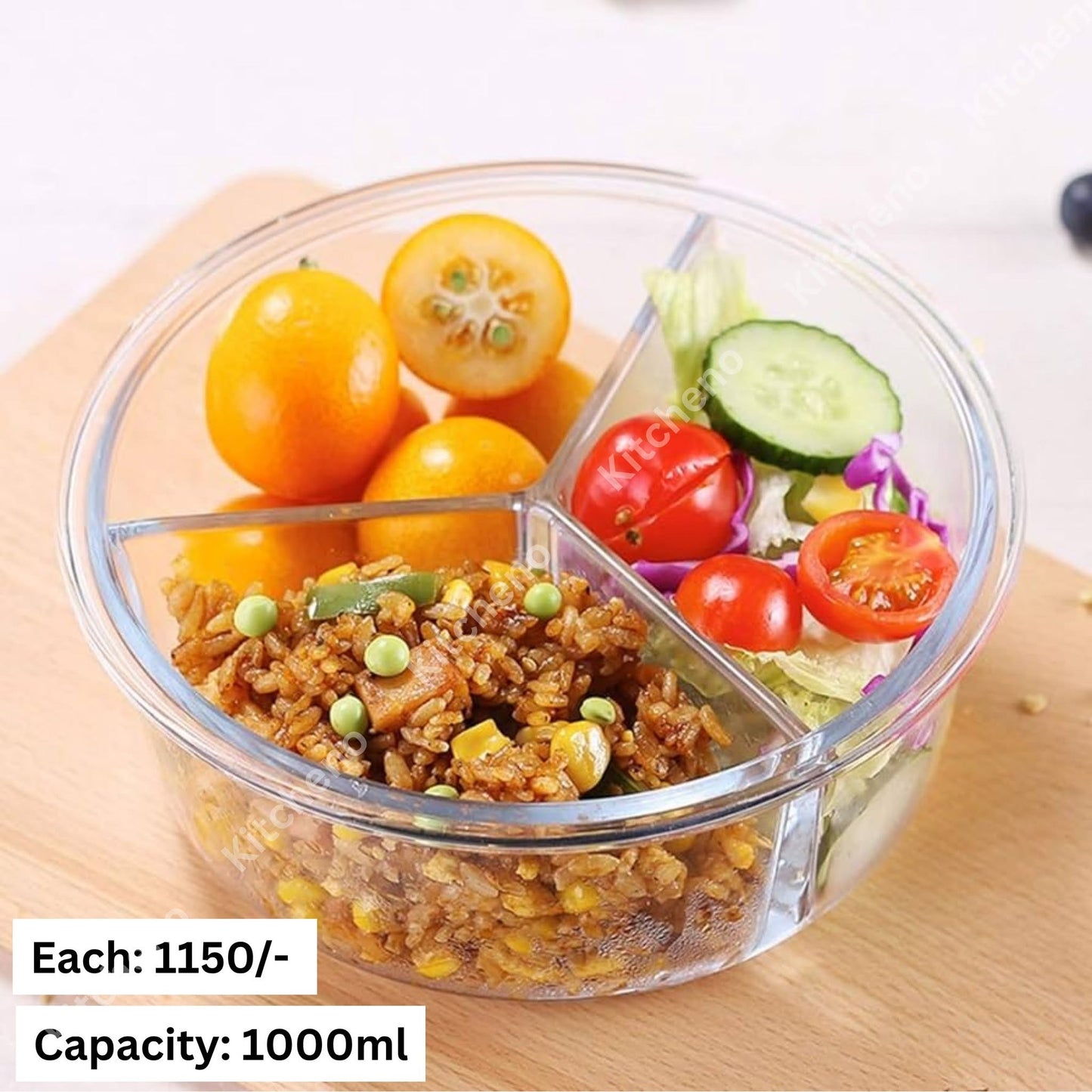 Oven & Heat Proof Borosilicate 3 Chamber Lunch Tiffin Box with Plastic Lid