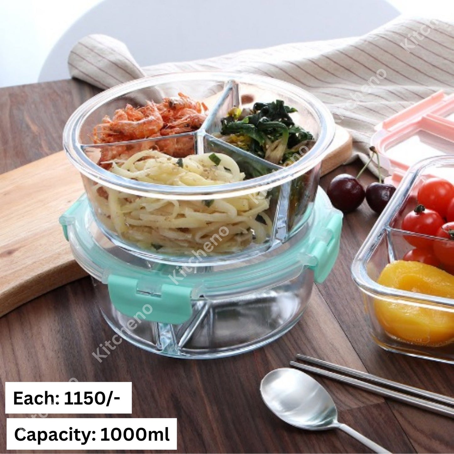 Oven & Heat Proof Borosilicate 3 Chamber Lunch Tiffin Box with Plastic Lid