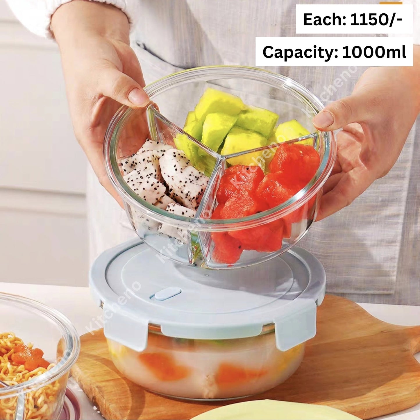 Oven & Heat Proof Borosilicate 3 Chamber Lunch Tiffin Box with Plastic Lid