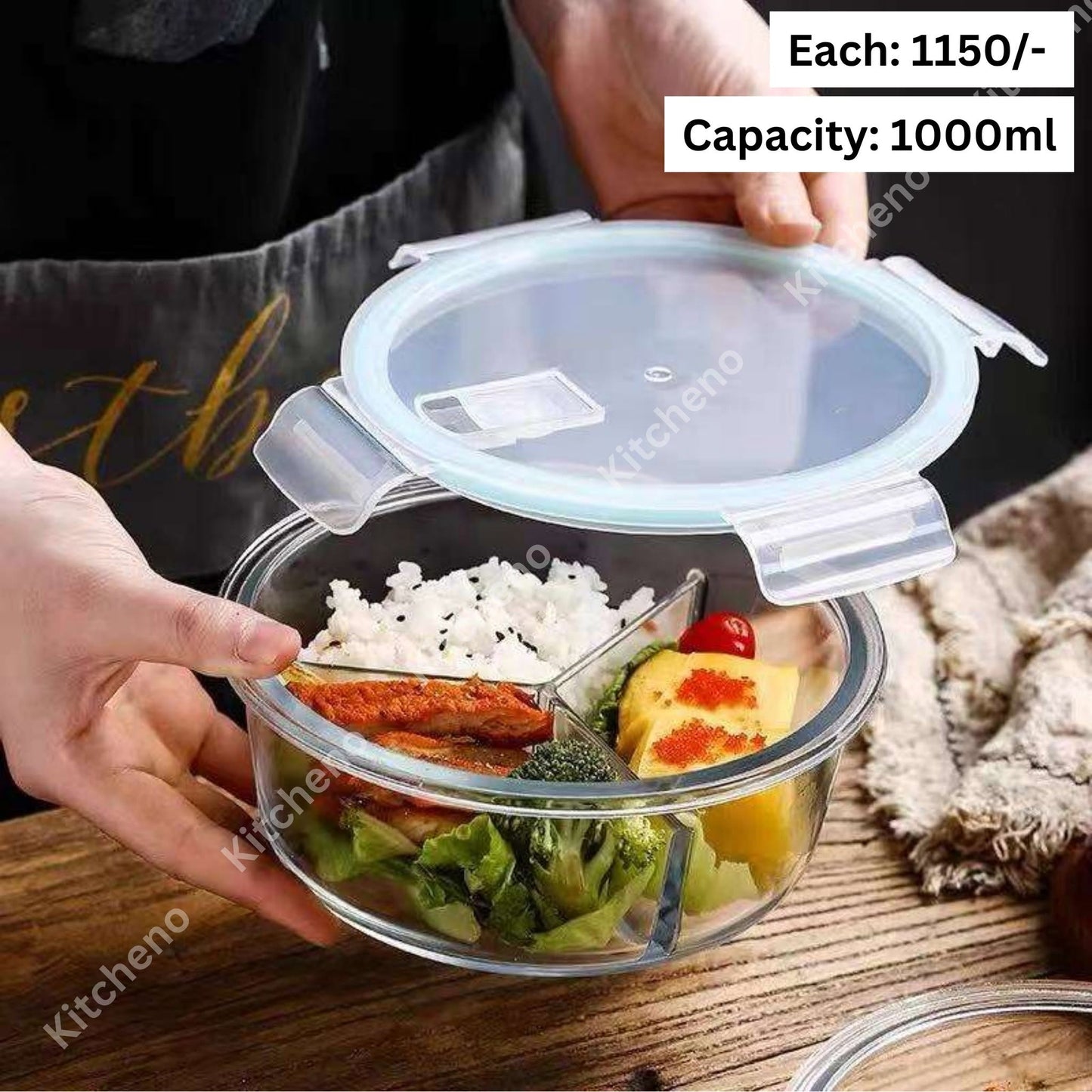 Oven & Heat Proof Borosilicate 3 Chamber Lunch Tiffin Box with Plastic Lid