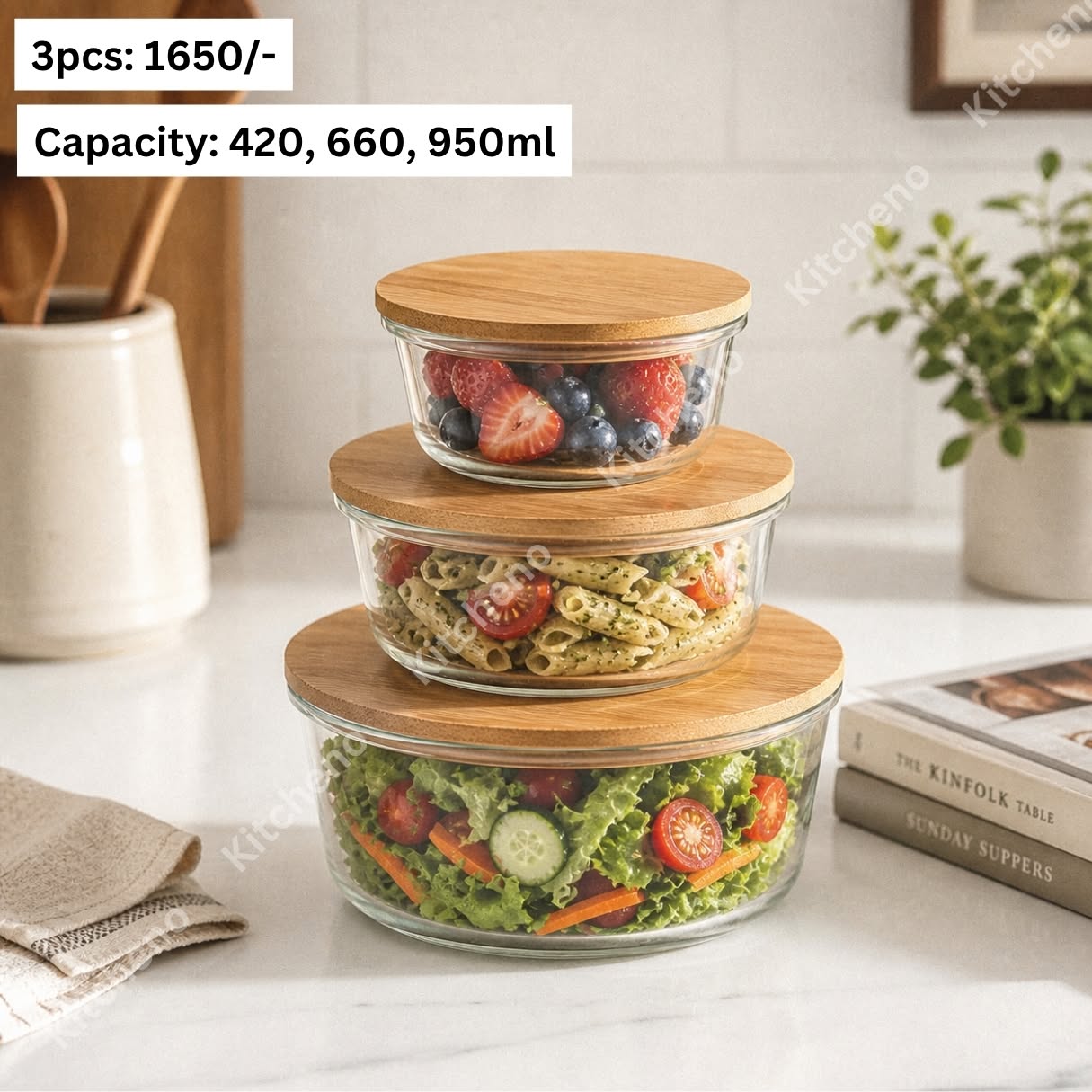 Round 3 Pcs Imported Glass Food Storage Bowl Set with Bamboo Lid